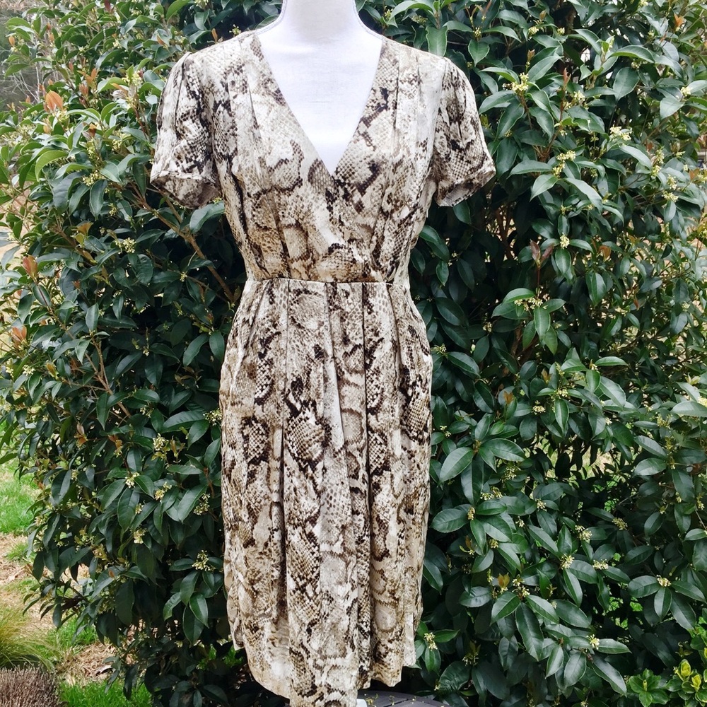 BCBGMaxAzria snakeskin print 💯silk v neck dress